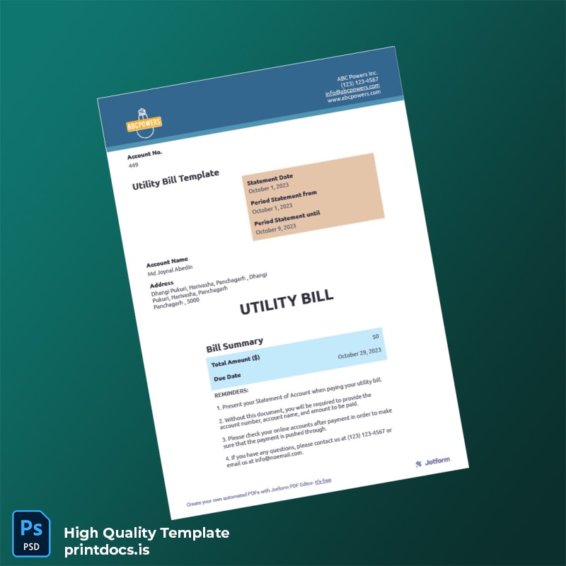 ABC Powers Inc Editable Utility Bill Template in Word and PDF formats