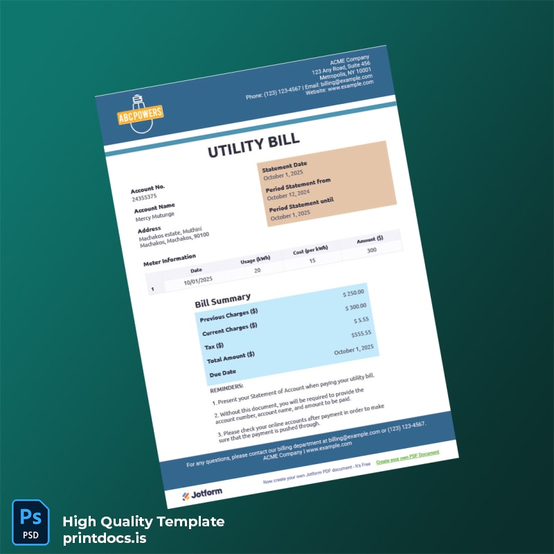 ACME Company Editable Utility Bill Template in Word and PDF formats