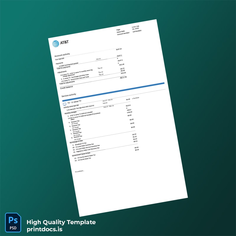 AT T Editable Utility Bill Template in Word and PDF formats page 2