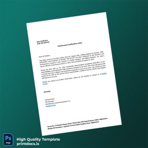 Printable Afghanistan KIA Research and Development Employment Verification Letter Template (Word & PDF) Image Preview - PrintDocs