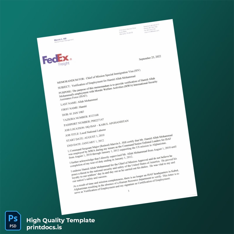 Printable Afghanistan Morale Welfare Activities Employment Verification Letter Template (Word & PDF) Image Preview - PrintDocs