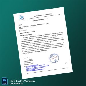 Printable Afghanistan Society for Sustainable Development SSDA Employment Verification Letter Template (Word & PDF) Image Preview - PrintDocs