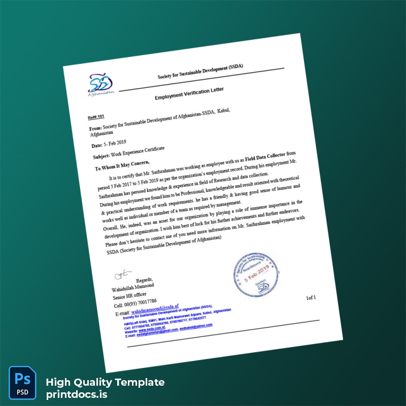Printable Afghanistan Society for Sustainable Development SSDA Employment Verification Letter Template (Word & PDF) Image Preview - PrintDocs
