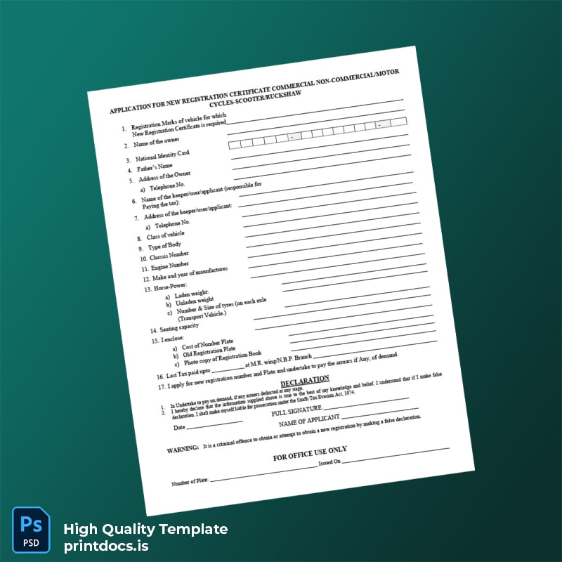 Printable Application for New Registration Certificate for Motor Vehicles Image Preview - PrintDocs