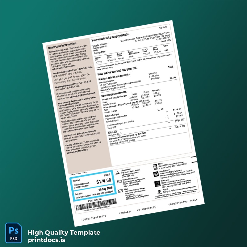 Australia AGL Sales Pty Limited Editable Energy Bill Template in Word and PDF formats page 2