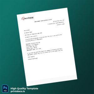 Printable Australia Acciona Rail Pty Ltd Employment Verification Letter Template (Word & PDF) Image Preview - PrintDocs