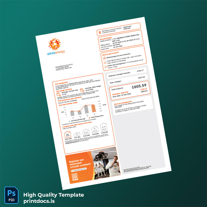 Australia Alinta Energy Retail Sales Pty Ltd Editable Utility Bill Template in Word and PDF formats