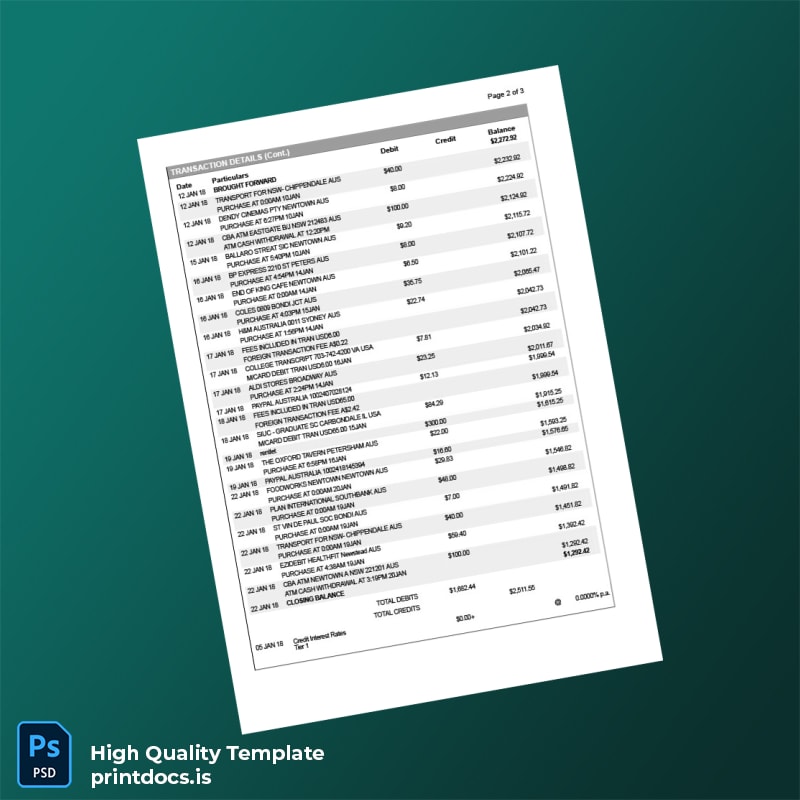 Australia Bankwest Bank Statement Template in Word and PDF formats page 2