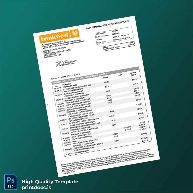Australia Bankwest Bank Statement Template in Word and PDF formats
