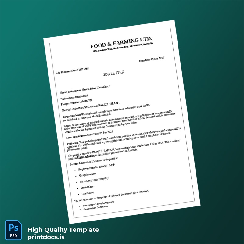 Printable Australia Food Farming LTD Employment Verification Letter Template (Word & PDF) Image Preview - PrintDocs