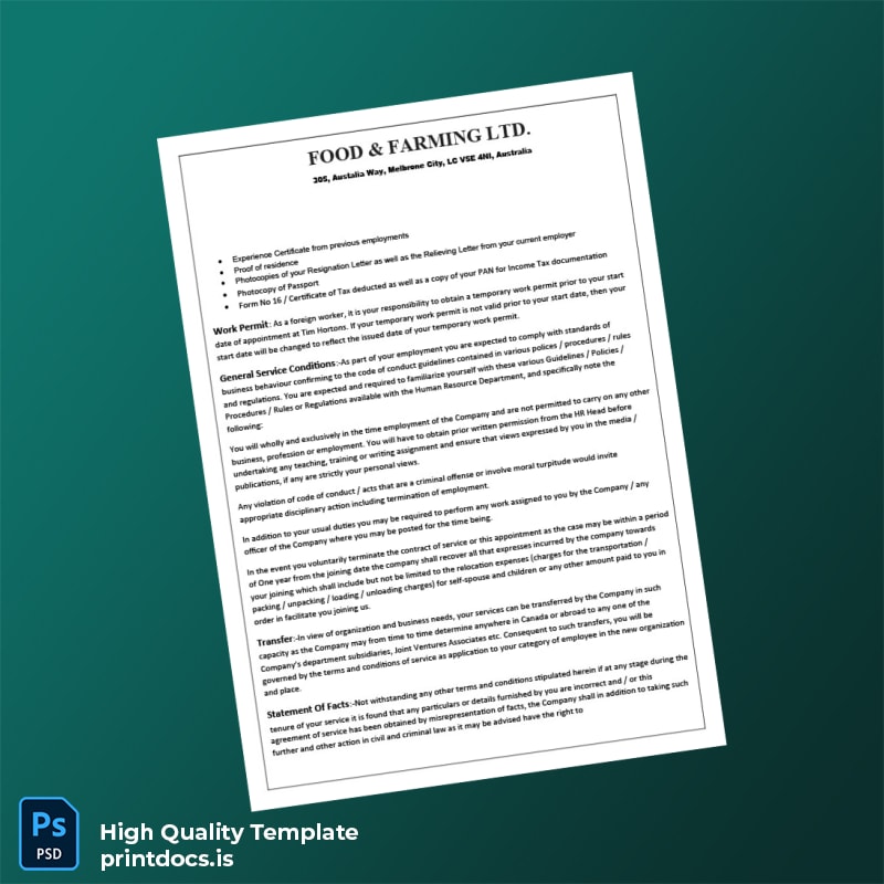 Printable Australia Food Farming Ltd Employment Verification Letter Template in Word and PDF formats page 2 Image Preview - PrintDocs