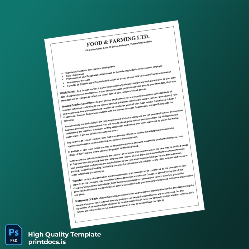 Printable Australia Food Farming Ltd Employment Verification Letter Template in Word and PDF formats page 2 Image Preview - PrintDocs