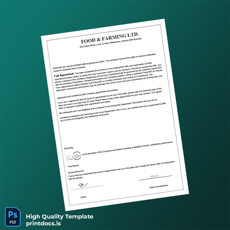 Printable Australia Food Farming Ltd Employment Verification Letter Template in Word and PDF formats page 3 Image Preview - PrintDocs