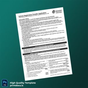 Printable Australia Queensland Vehicle Registration Transfer Application Template (Word & PDF) Image Preview - PrintDocs