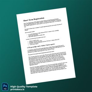 Printable Australia Roads and Maritime Services Short Term Registration Certificate Template (Word & PDF) Image Preview - PrintDocs