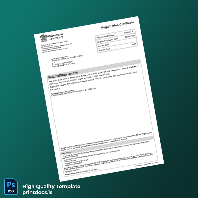 Printable Australia Vehicle Registration Certificate Template (Word & PDF) Image Preview