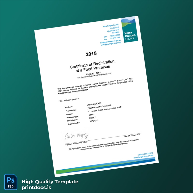 Printable Australia Yarra Ranges Council Registration Certificate Template (Word & PDF) Image Preview - PrintDocs