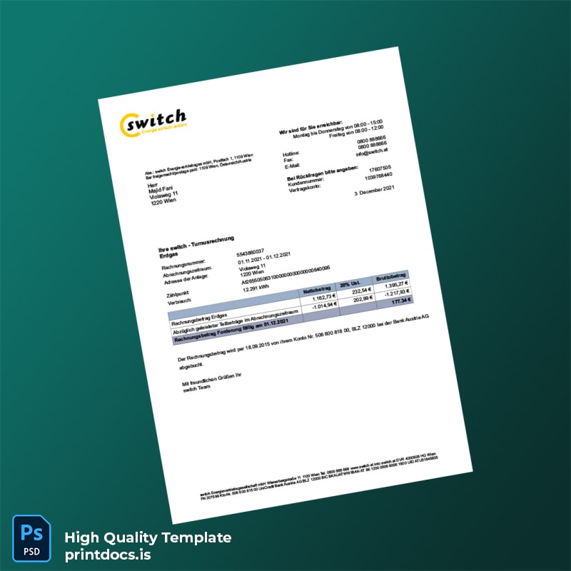 Austria Switch Energievertriebsgesellschaft mbH Editable Utility Bill Template in Word and PDF formats
