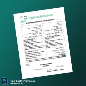 Printable Azad Kashmir Sub Registrar Nikah Teshil Marriage Registration Certificate Template (Word & PDF) Image Preview - PrintDocs