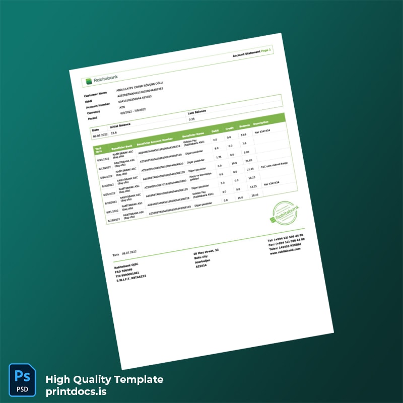 Azerbaijan Rabitabank Account Statement Template in Word and PDF formats