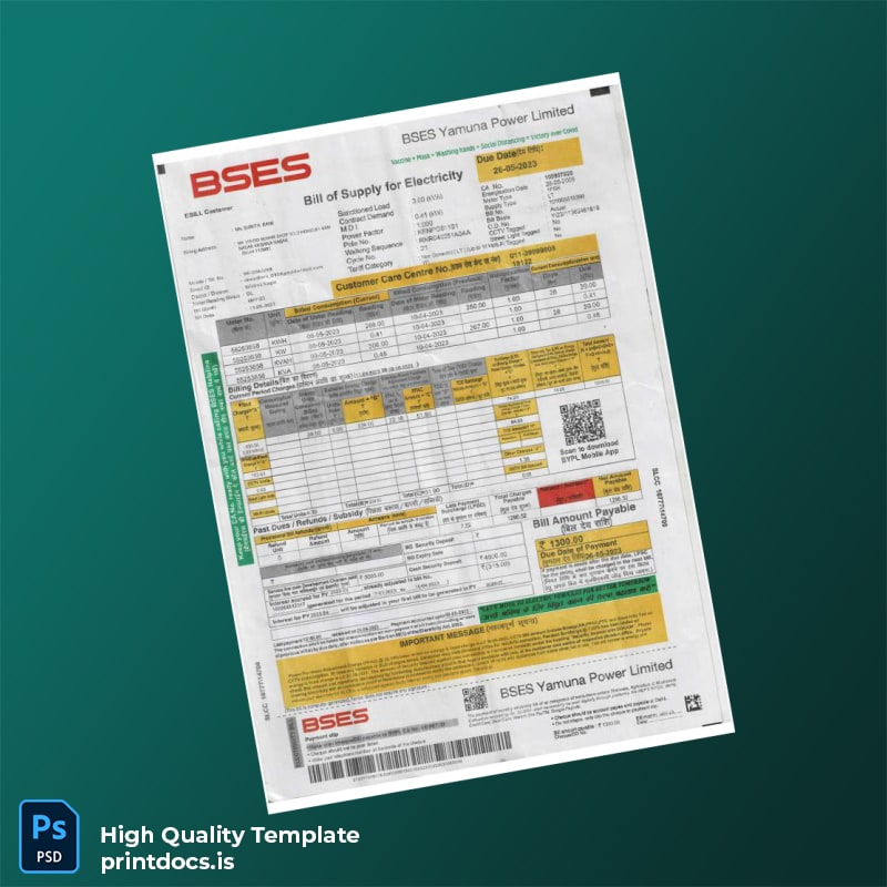 BSES Yamuna Power Limited Editable Electricity Bill Template in Word and PDF formats