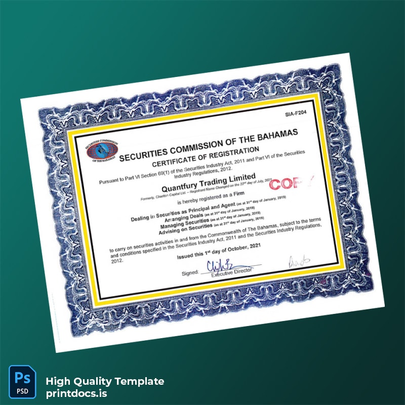 Printable Bahamas Securities Commission Registration Certificate Template (Word & PDF) Image Preview - PrintDocs