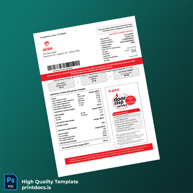Bangladesh Airtel Editable Phone Bill Template in Word and PDF formats