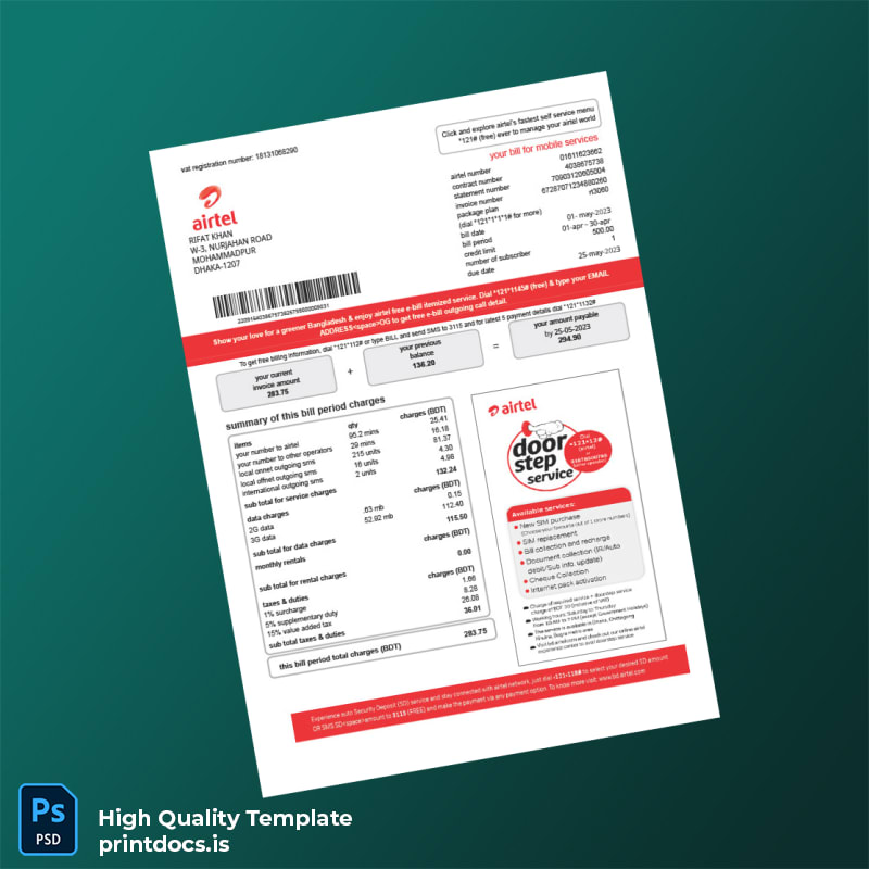 Bangladesh Airtel Editable Utility Bill Template in Word and PDF formats