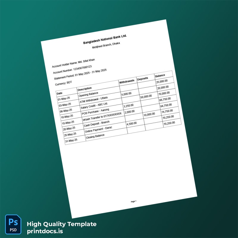 Bangladesh Bangladesh National Bank Bank Statement Template in Word and PDF formats
