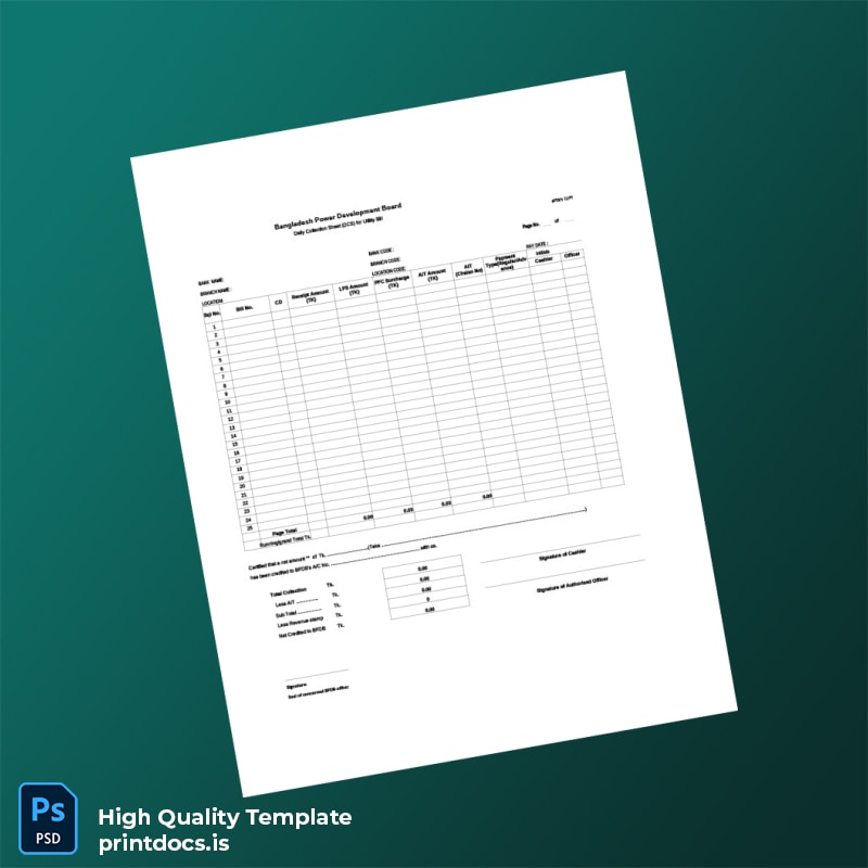 Bangladesh Bangladesh Power Development Board Editable Daily Collection Sheet Template in Word and PDF formats