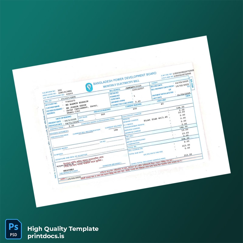 Bangladesh Bangladesh Power Development Board Editable Electricity Bill Template in Word and PDF formats