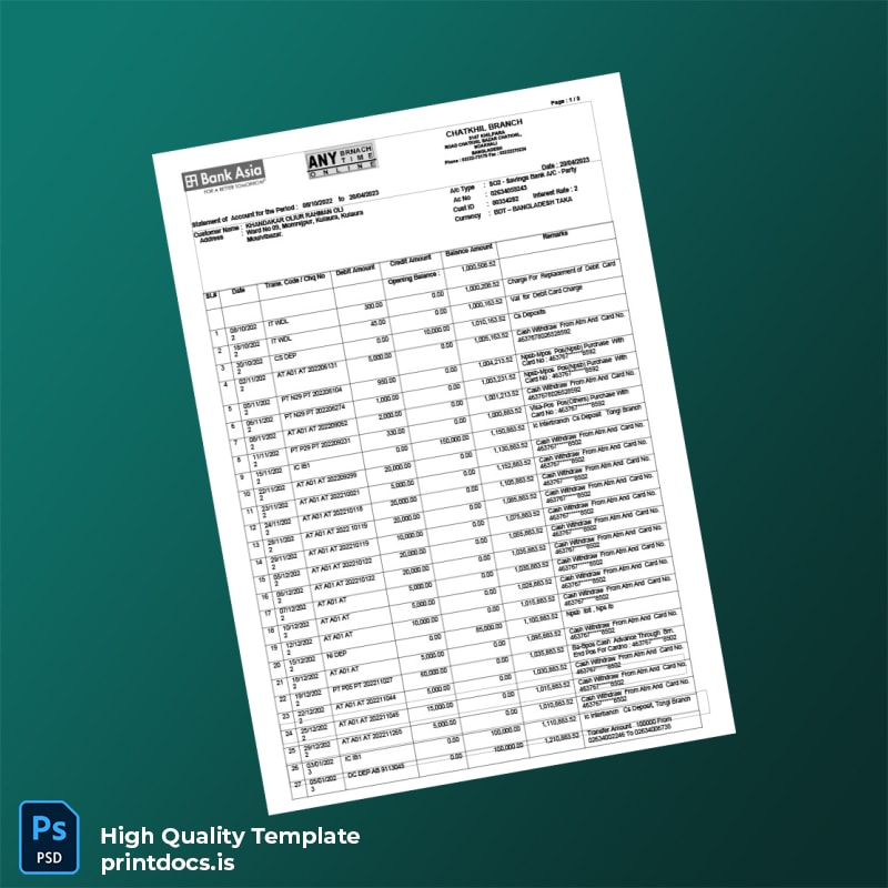 Bangladesh Bank Asia Statement Template in Word and PDF formats