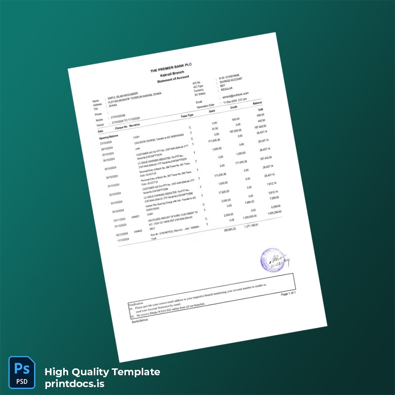 Bangladesh Bank Statement Template in Word and PDF formats
