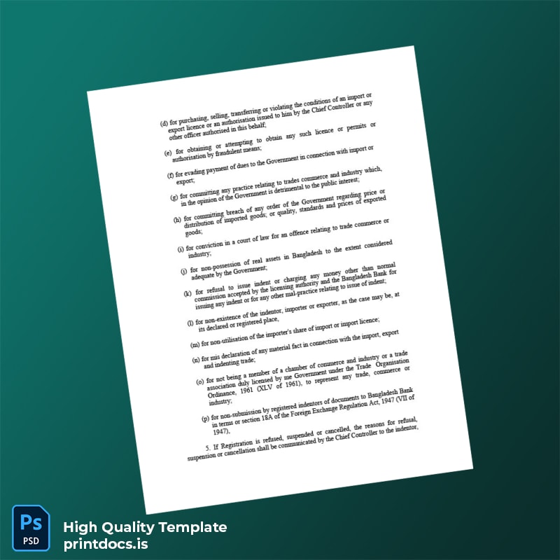 Printable Bangladesh Chief Controller of Imports and Exports Business Registration Certificate Template in Word and PDF formats page 3 Image Preview - PrintDocs