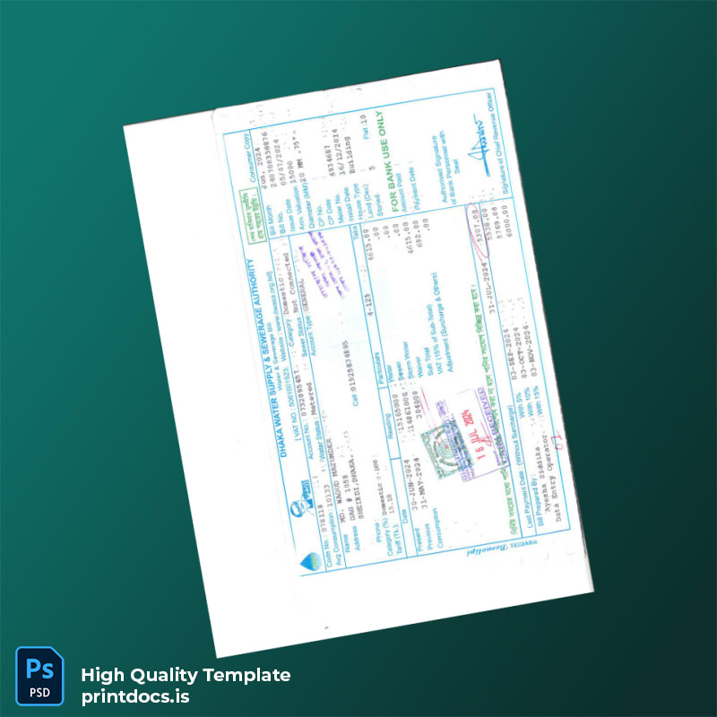 Bangladesh Dhaka Water Supply Sewerage Authority Editable Utility Bill Template in Word and PDF formats