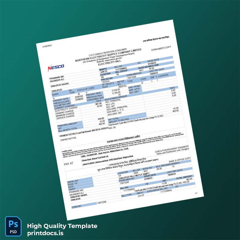 Bangladesh Dinajpur Sadar Sales And Distribution Unit Editable Utility Bill Template in Word and PDF formats