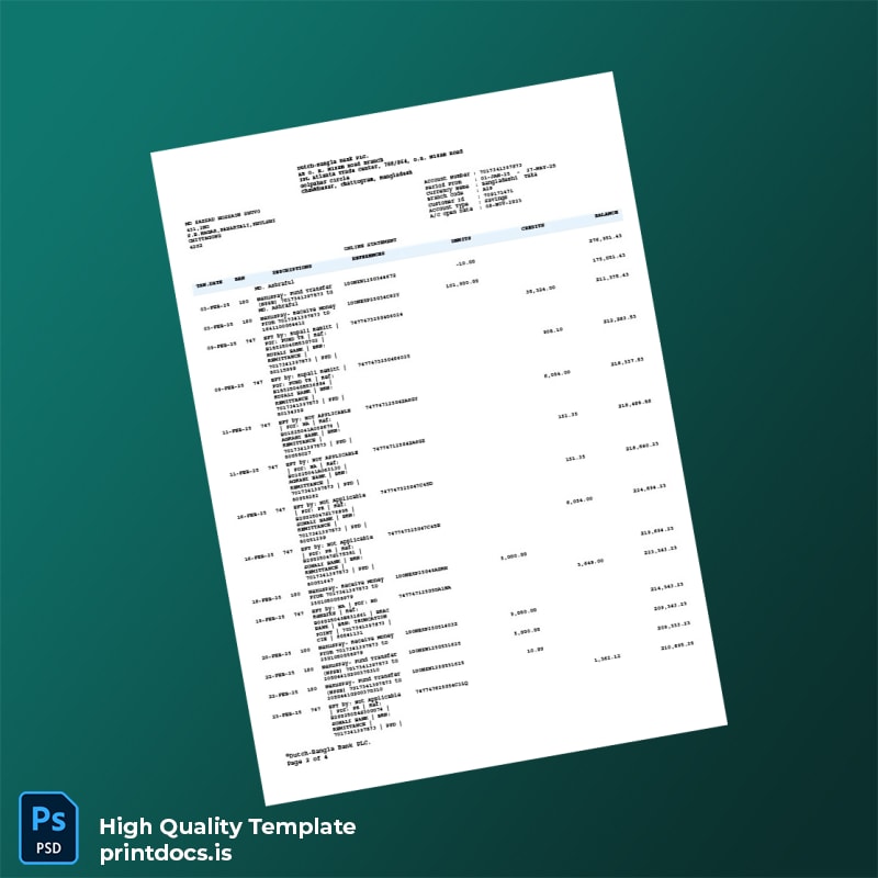 Bangladesh Dutch-Bangla Bank Bank Statement Template in Word and PDF formats page 2