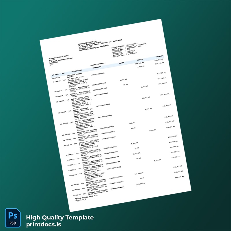 Bangladesh Dutch-Bangla Bank Bank Statement Template in Word and PDF formats