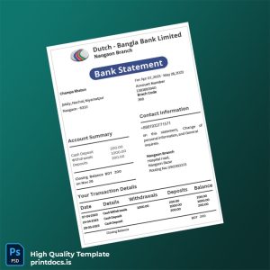 Bangladesh Dutch-Bangla Bank Statement Template in Word and PDF formats