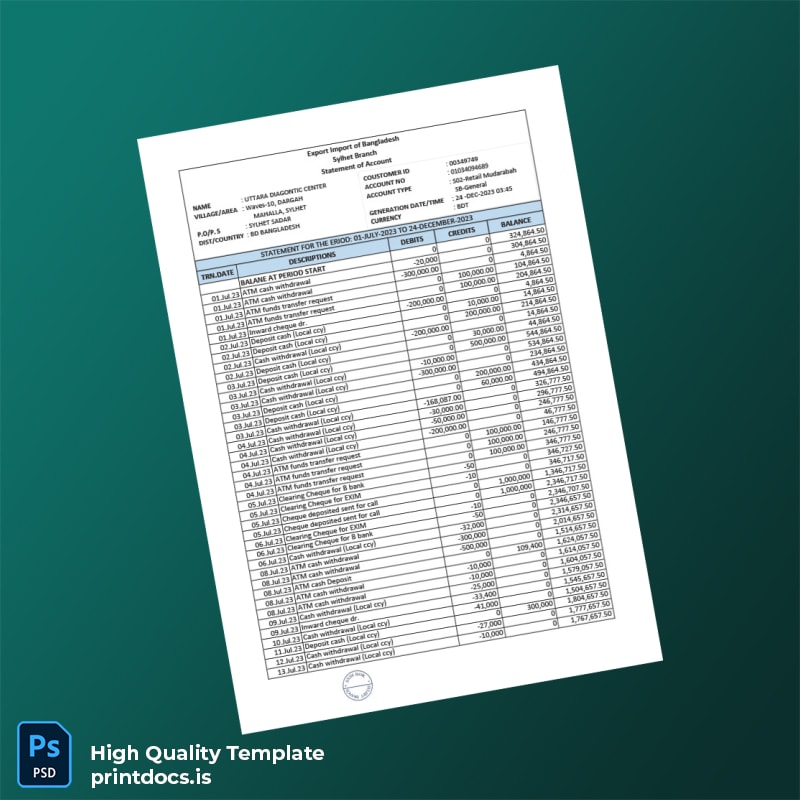 Bangladesh EXIM Bank Statement Template in Word and PDF formats