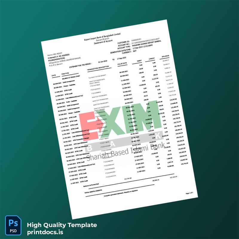 Bangladesh Export Import Bank of Bangladesh Limited Bank Statement Template in Word and PDF formats