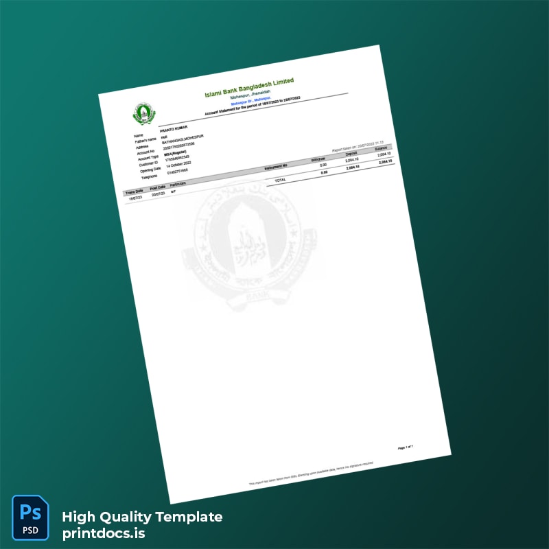 Bangladesh IBBL Bank Statement Template in Word and PDF formats