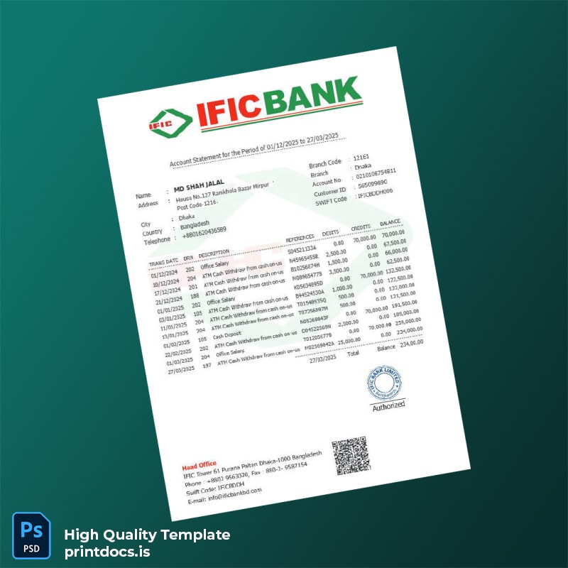 Bangladesh IFIC Bank Statement Template in Word and PDF formats