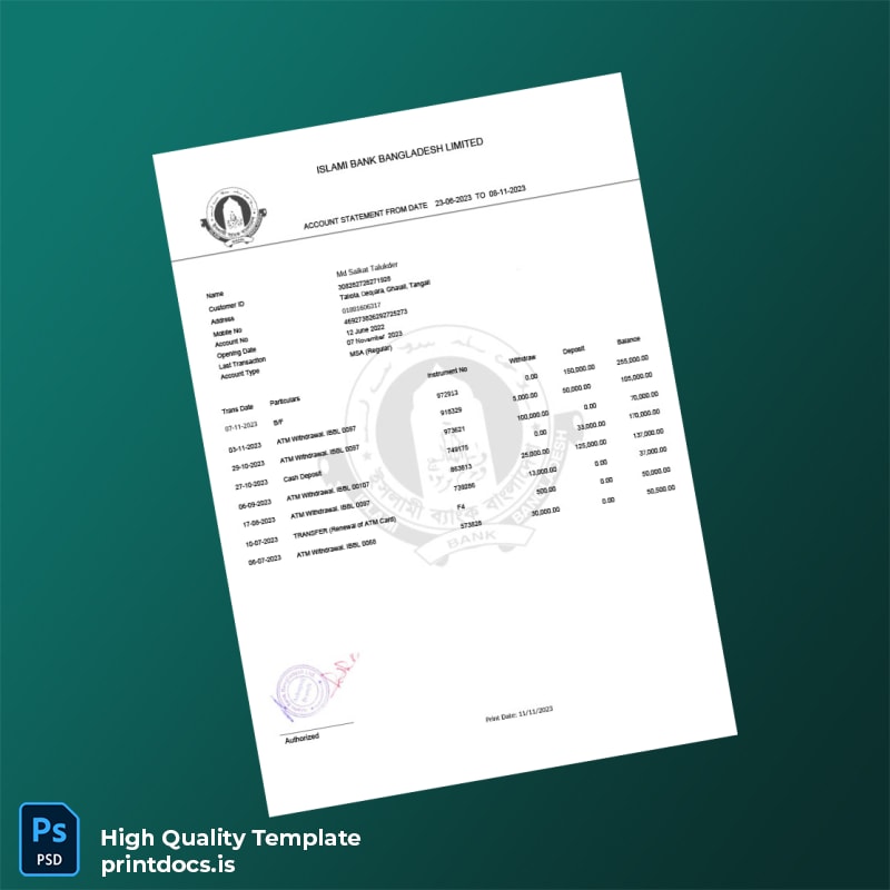 Bangladesh Islami Bank Limited Bank Statement Template in Word and PDF formats