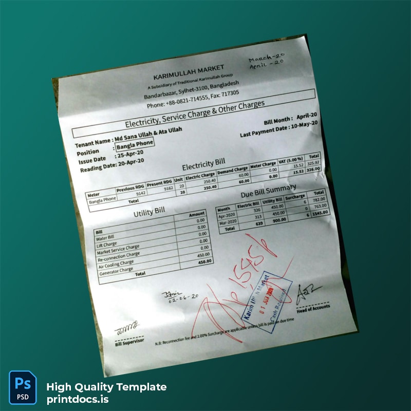 Bangladesh KARIMULLAH MARKET Editable Utility Bill Template in Word and PDF formats page 2