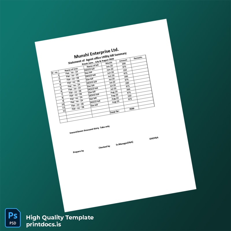 Bangladesh Munshi Enterprise Ltd Editable Utility Bill Template in Word and PDF formats