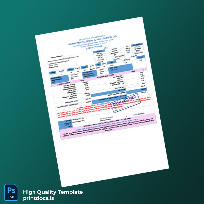 Bangladesh Northern Electricity Supply Company Ltd Editable Utility Bill Template in Word and PDF formats page 2