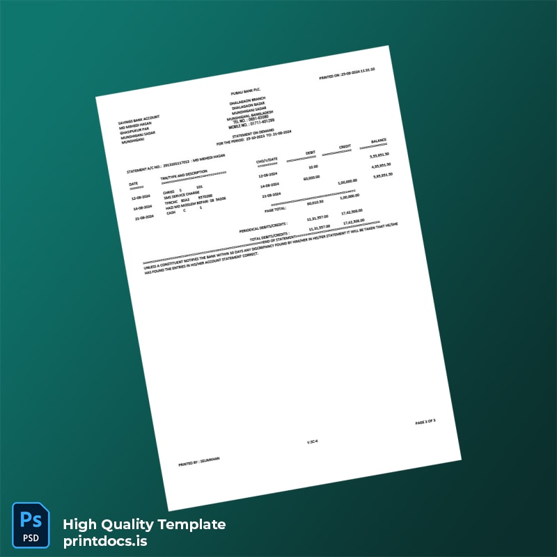 Bangladesh Pubali Bank PLC Statement Template in Word and PDF formats page 3