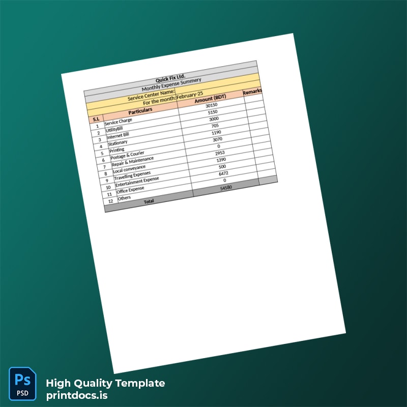 Bangladesh Quick Fix Ltd Editable Petty Cash Details Template in Word and PDF formats