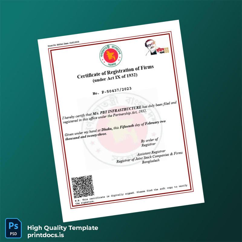 Printable Bangladesh Registrar of Joint Stock Companies Firms Certificate of Registration of Firms Template (Word & PDF) Image Preview - PrintDocs